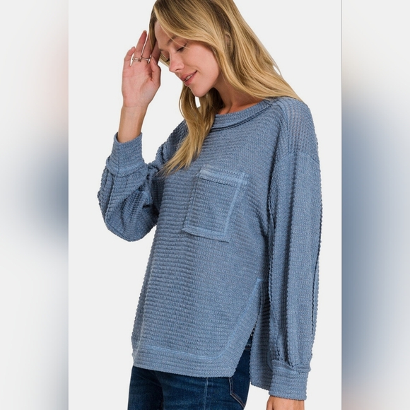 Zenana Exposed Seam Side Slit Long Sleeve Top - Picture 4 of 4